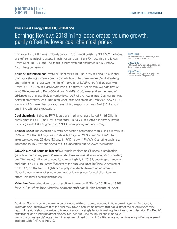 Earnings Review: 2018 inline; accelerated volume growth, partly offset by lower coal chemical prices