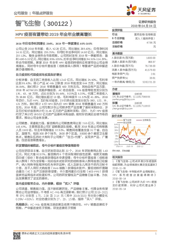 HPV疫苗有望带动2019年全年业绩高增长
