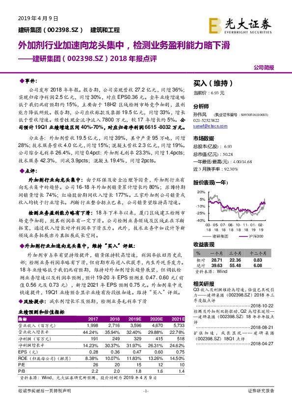 2018年报点评：外加剂行业加速向龙头集中，检测业务盈利能力略下滑