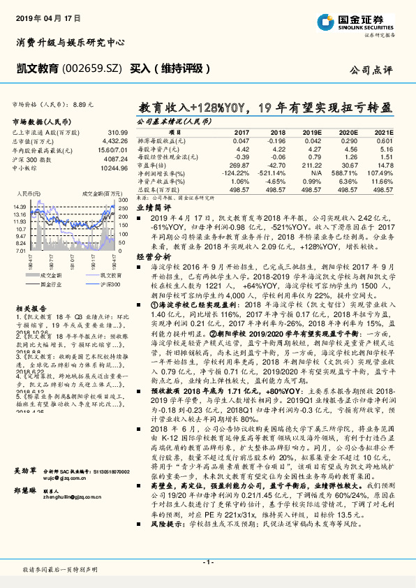 教育收入+128%YOY，19年有望实现扭亏转盈