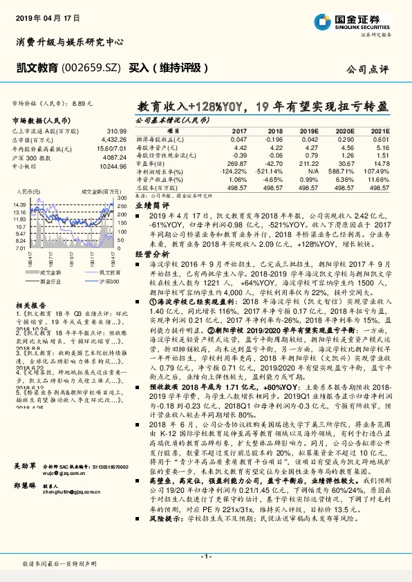 教育收入+128%YOY，19年有望实现扭亏转盈