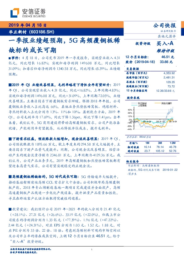 一季报业绩超预期,5G高频覆铜板稀缺标的成长可期
