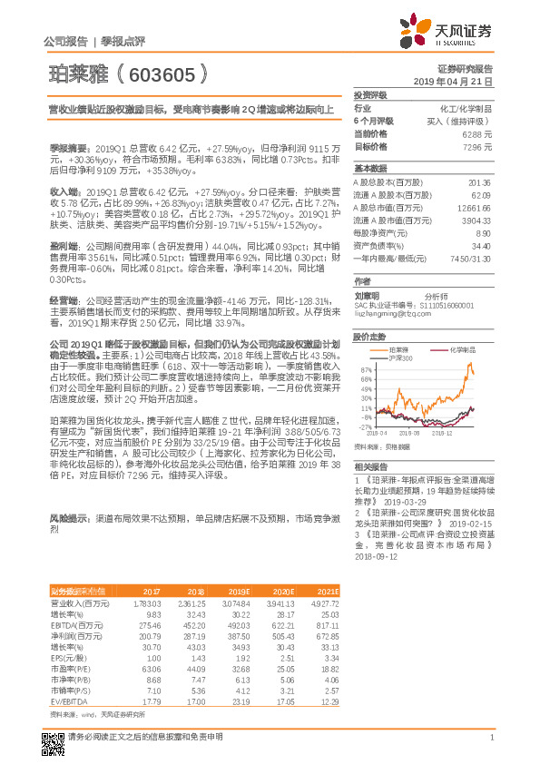 营收业绩贴近股权激励目标，受电商节奏影响2Q增速或将边际向上