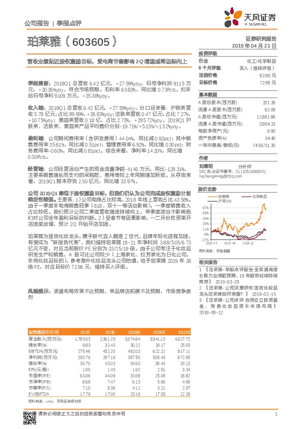 营收业绩贴近股权激励目标，受电商节奏影响2Q增速或将边际向上