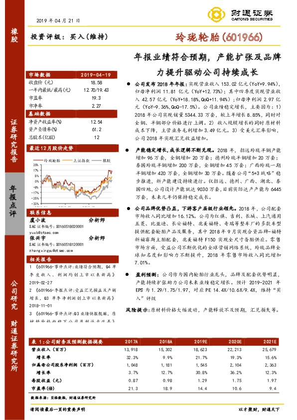 年报业绩符合预期，产能扩张及品牌力提升驱动公司持续成长