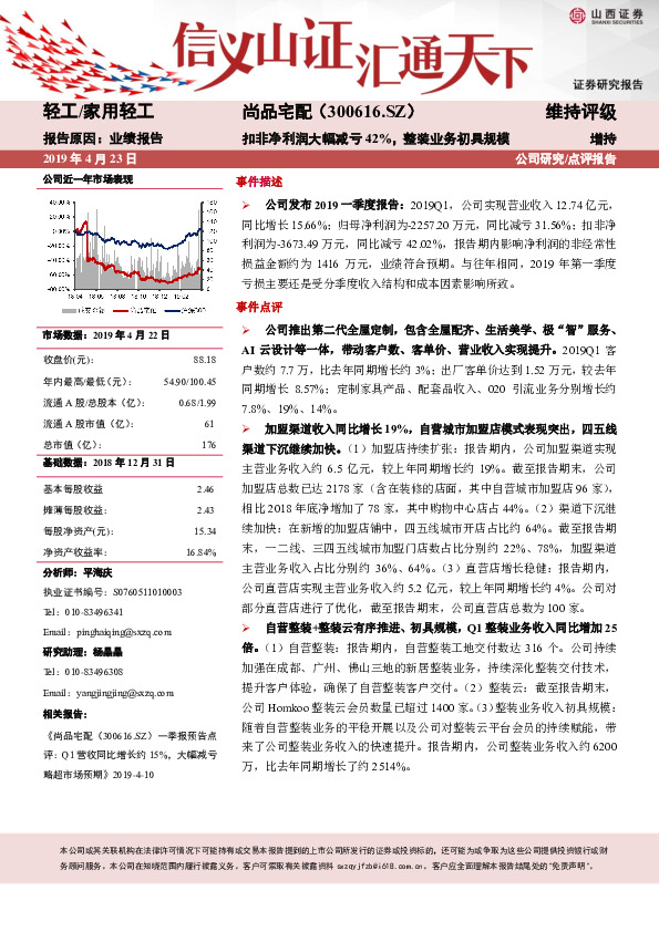 扣非净利润大幅减亏42%，整装业务初具规模