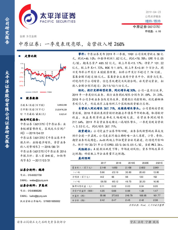 中原证券：一季度表现亮眼，自营收入增268%