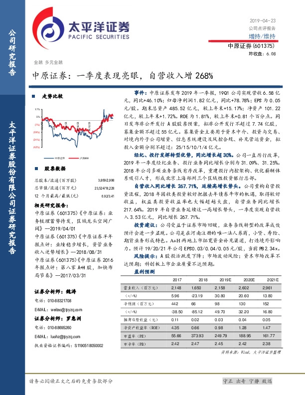 中原证券：一季度表现亮眼，自营收入增268%