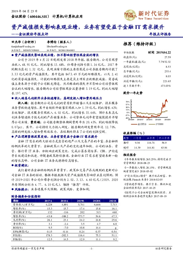 金证股份年报点评：资产减值损失影响表观业绩，业务有望受益于金融IT需求提升