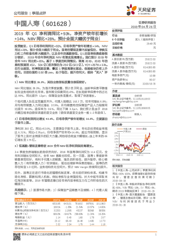2019年Q1净利润同比+93%，净资产较年初增长+14%，NBV同比+28%，预计全面大幅优于同业！