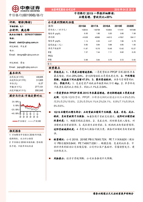 中信银行2019一季报详细解读：业绩高增，营收同比+20%