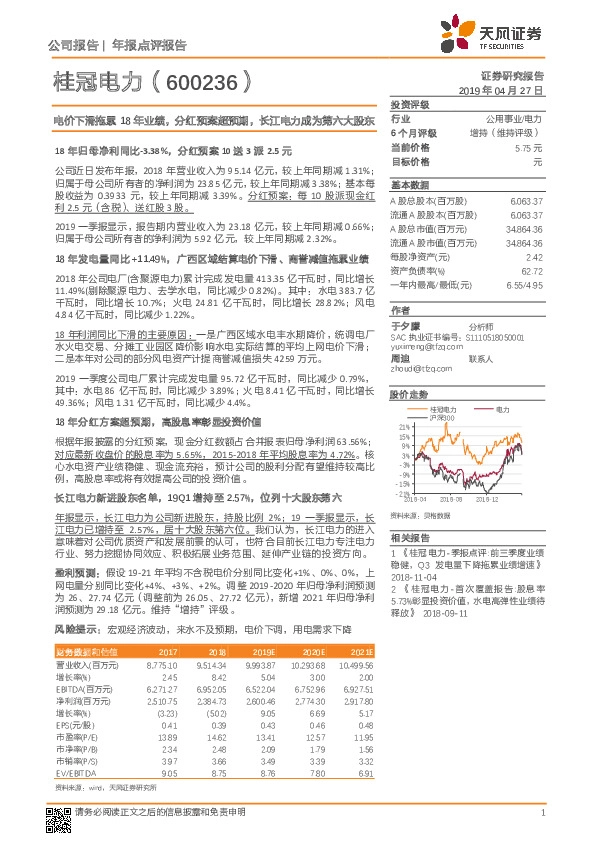 电价下滑拖累18年业绩，分红预案超预期，长江电力成为第六大股东