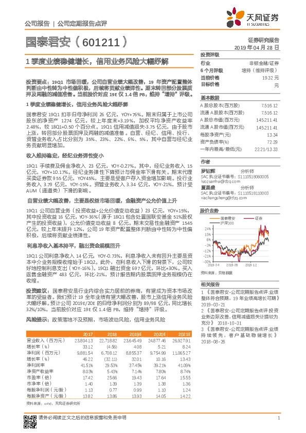 1季度业绩稳健增长，信用业务风险大幅纾解
