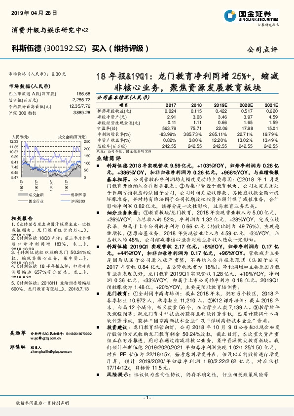 18年报&19Q1：龙门教育净利同增25%+，缩减非核心业务，聚焦资源发展教育板块
