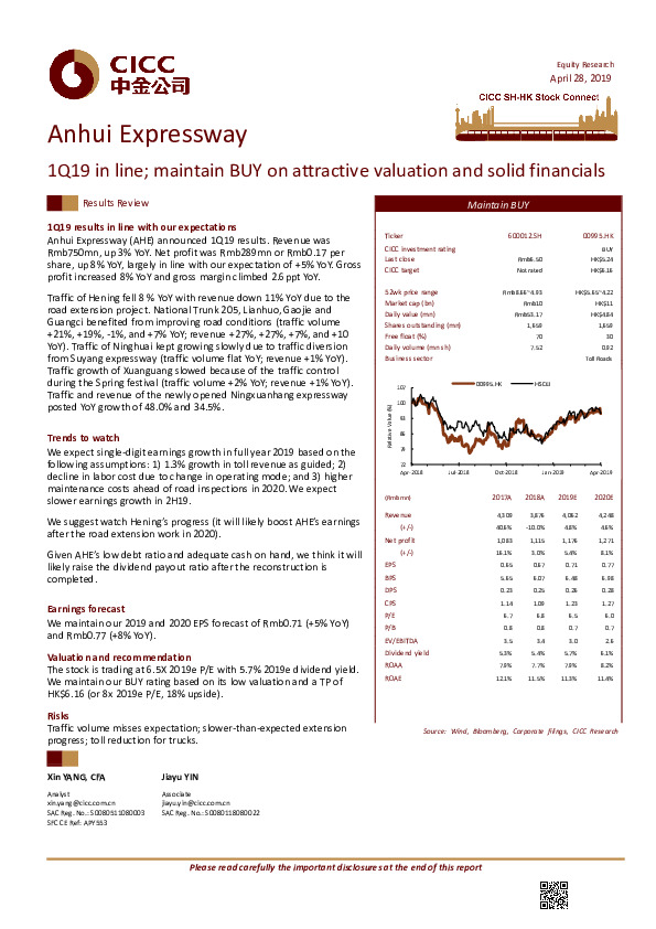 1Q19 in line; maintain BUY on attractive valuation and solid financials