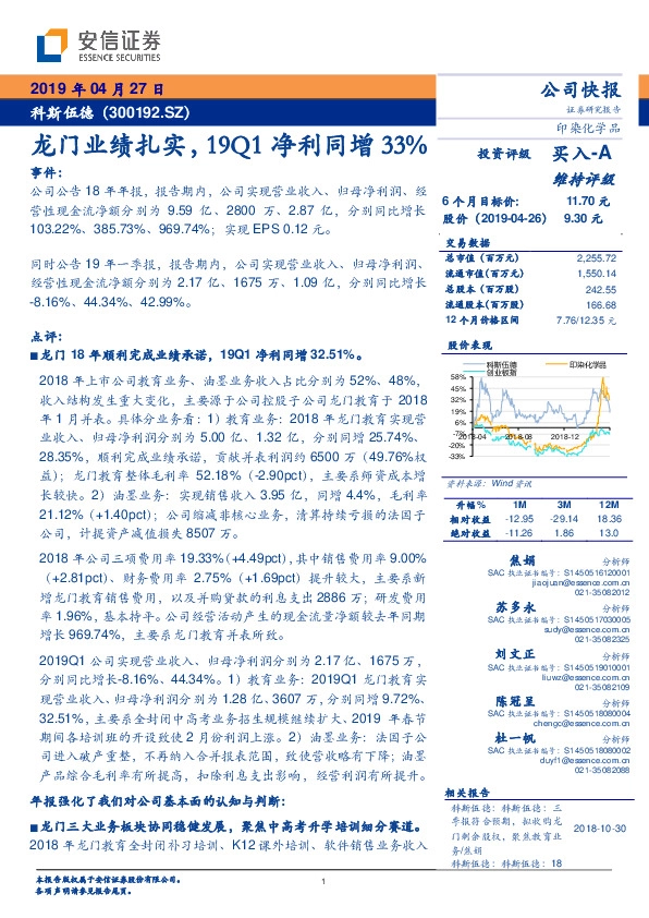 龙门业绩扎实，19Q1净利同增33%