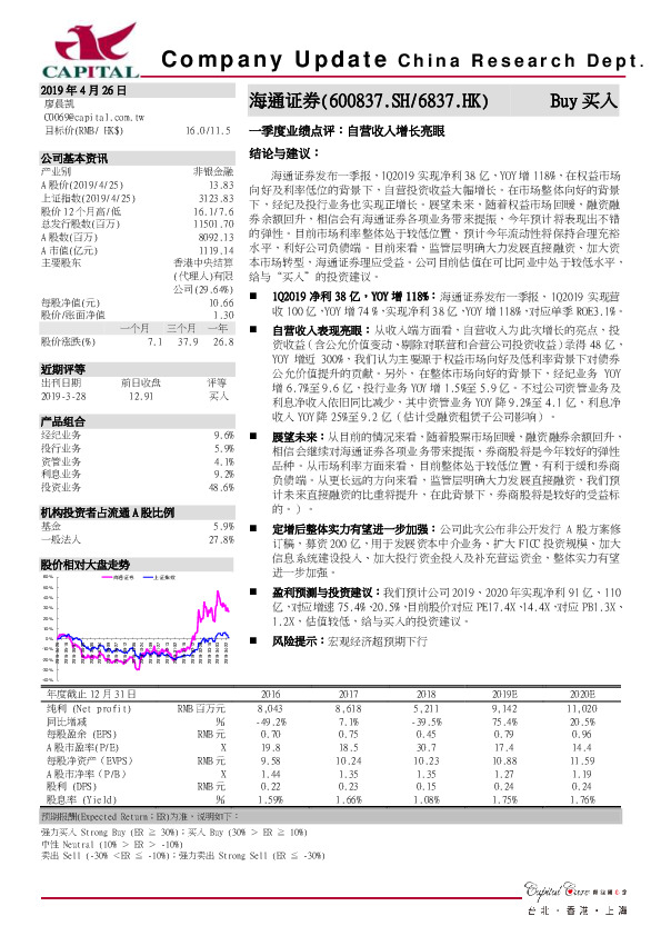一季度业绩点评：自营收入增长亮眼