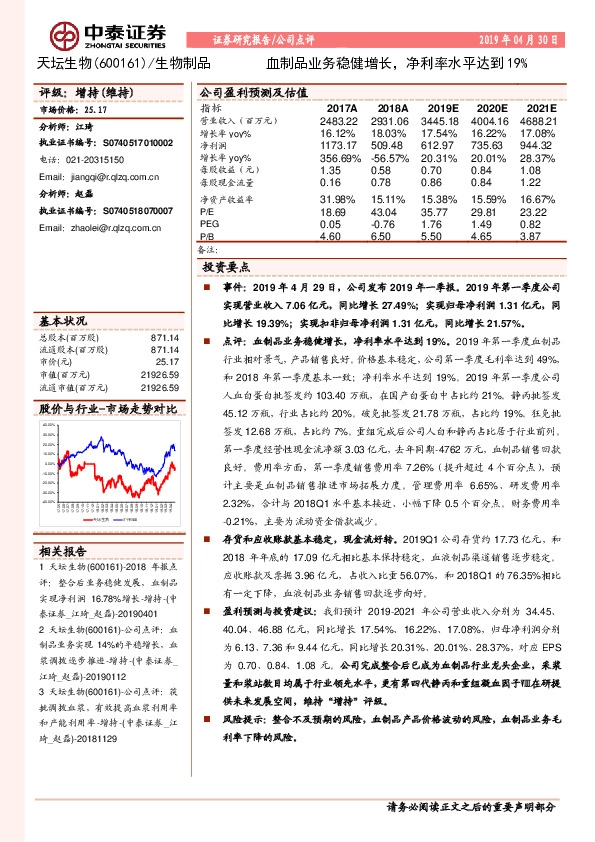 血制品业务稳健增长，净利率水平达到19%