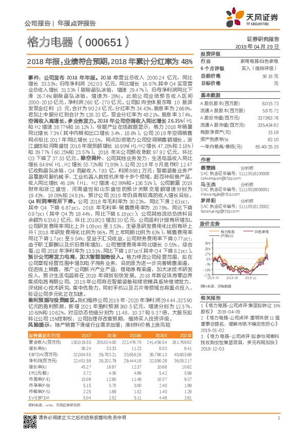2018年报：业绩符合预期，2018年累计分红率为48%
