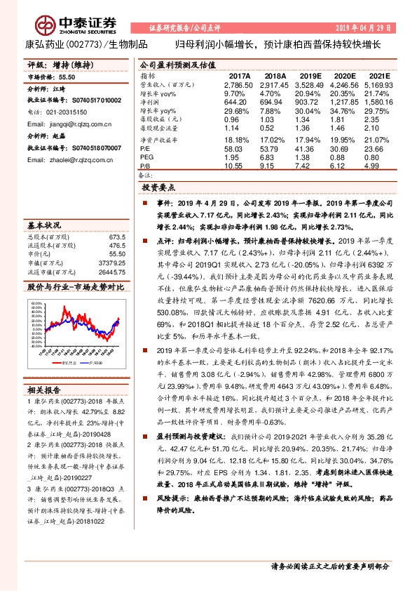 归母利润小幅增长，预计康柏西普保持较快增长