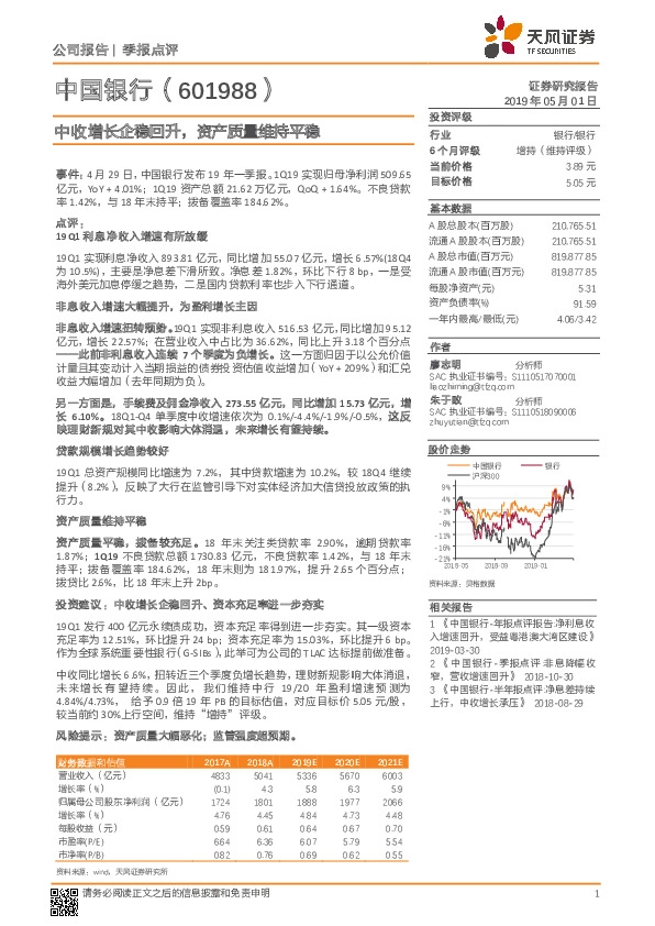 中收增长企稳回升，资产质量维持平稳