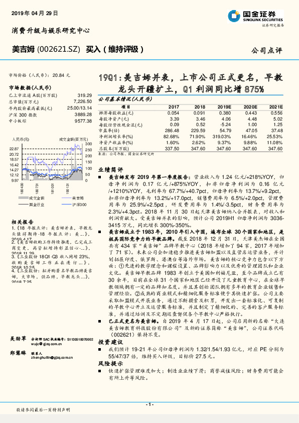 19Q1：美吉姆并表，上市公司正式更名，早教龙头开疆扩土，Q1利润同比增875％