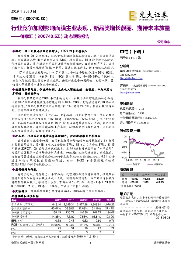 动态跟踪报告：行业竞争加剧影响面膜主业表现，新品类增长靓丽、期待未来放量