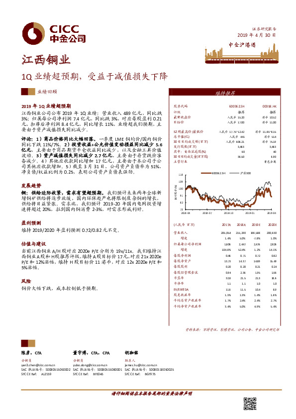 1Q业绩超预期，受益于减值损失下降