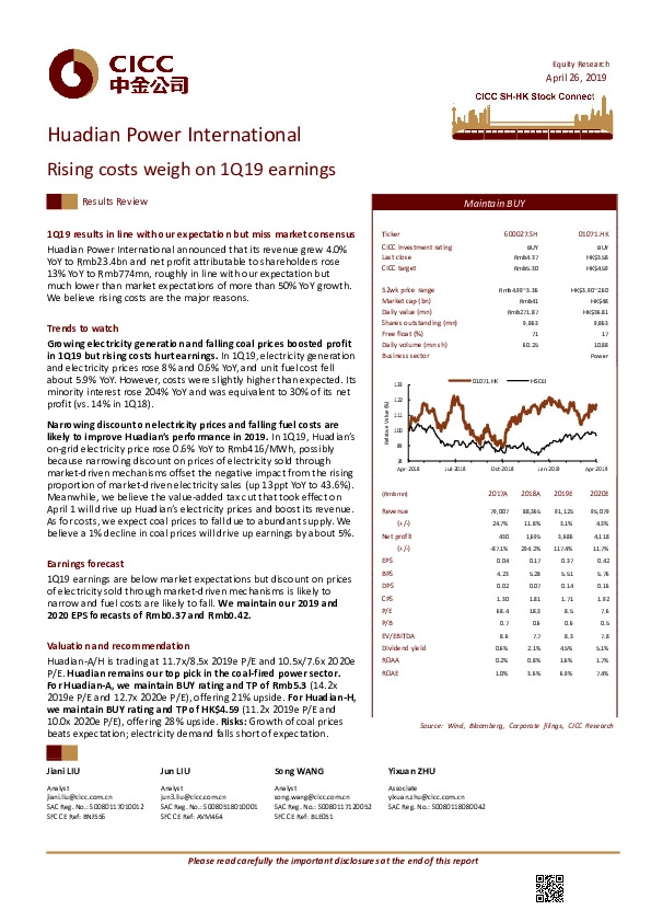 Rising costs weigh on 1Q19 earnings