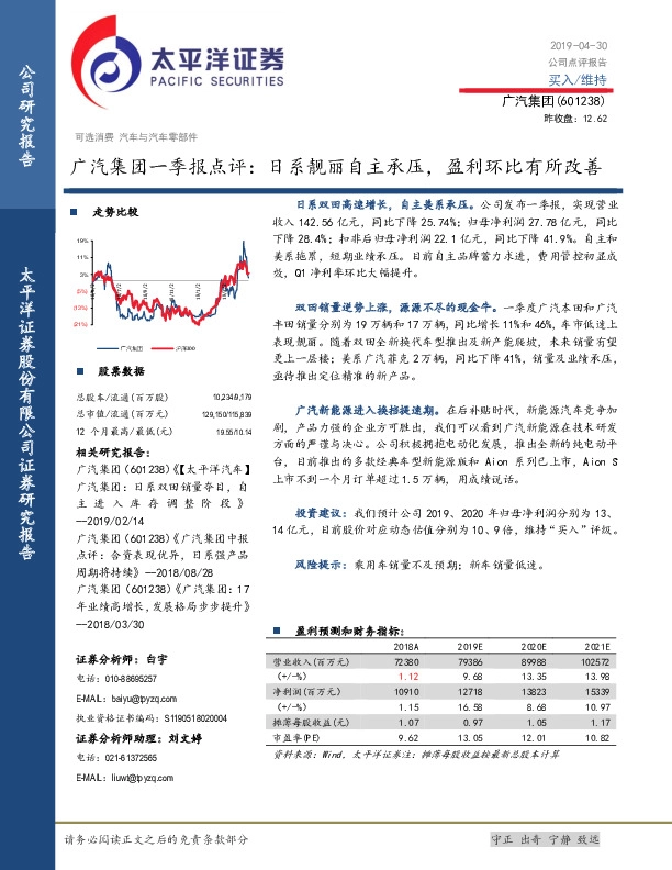 广汽集团一季报点评：日系靓丽自主承压，盈利环比有所改善