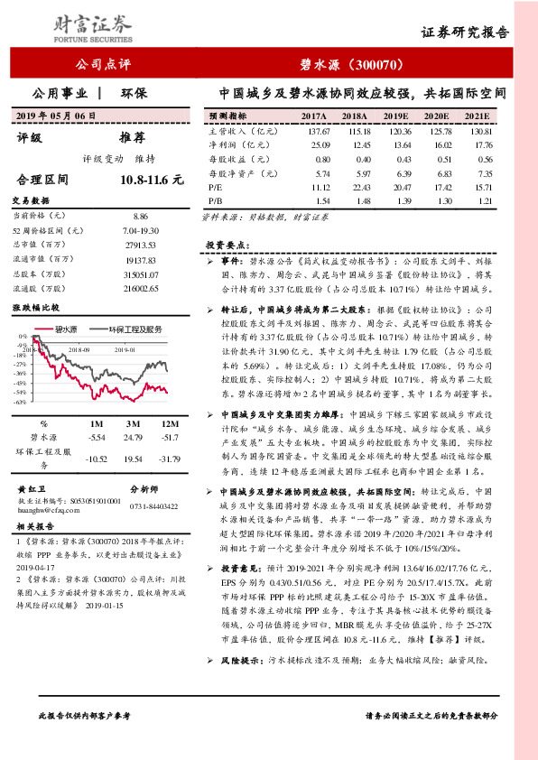 中国城乡及碧水源协同效应较强，共拓国际空间