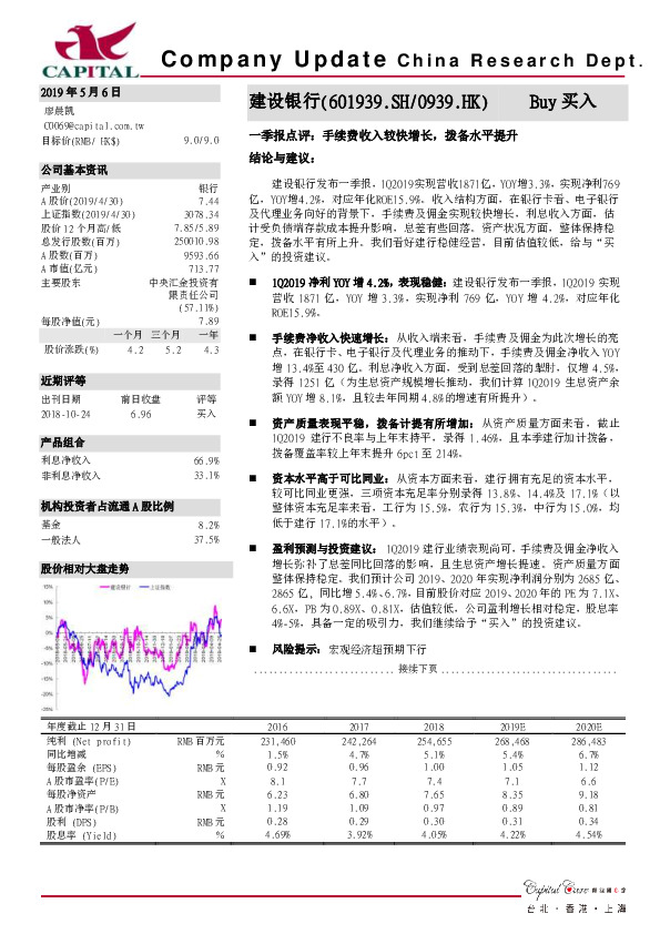 一季报点评：手续费收入较快增长，拨备水平提升