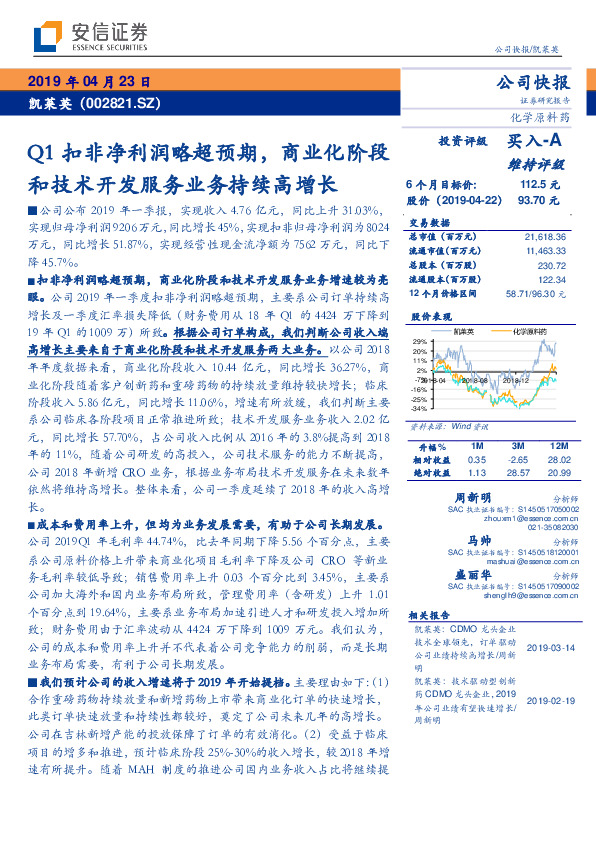 Q1扣非净利润略超预期，商业化阶段和技术开发服务业务持续高增长