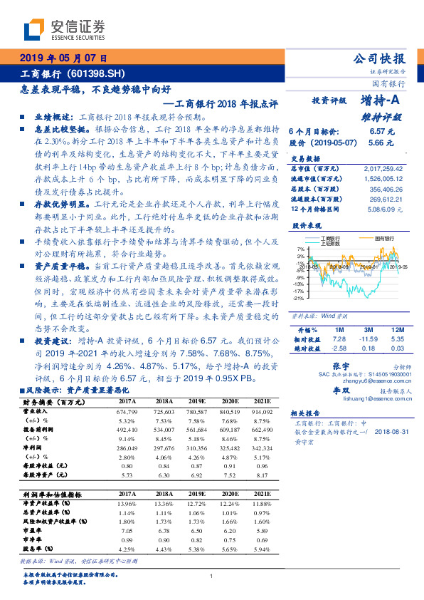 工商银行2018年报点评：息差表现平稳，不良趋势稳中向好
