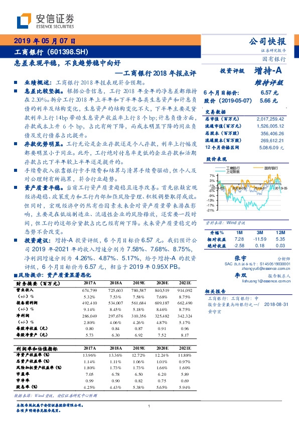 工商银行2018年报点评：息差表现平稳，不良趋势稳中向好