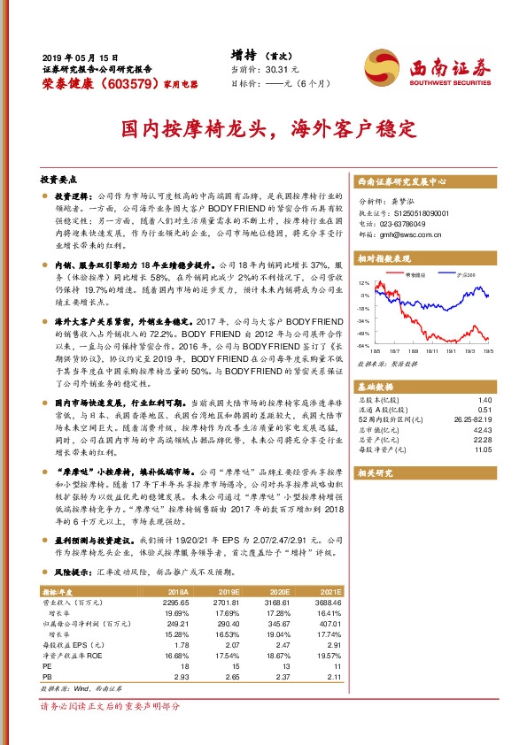 国内按摩椅龙头，海外客户稳定