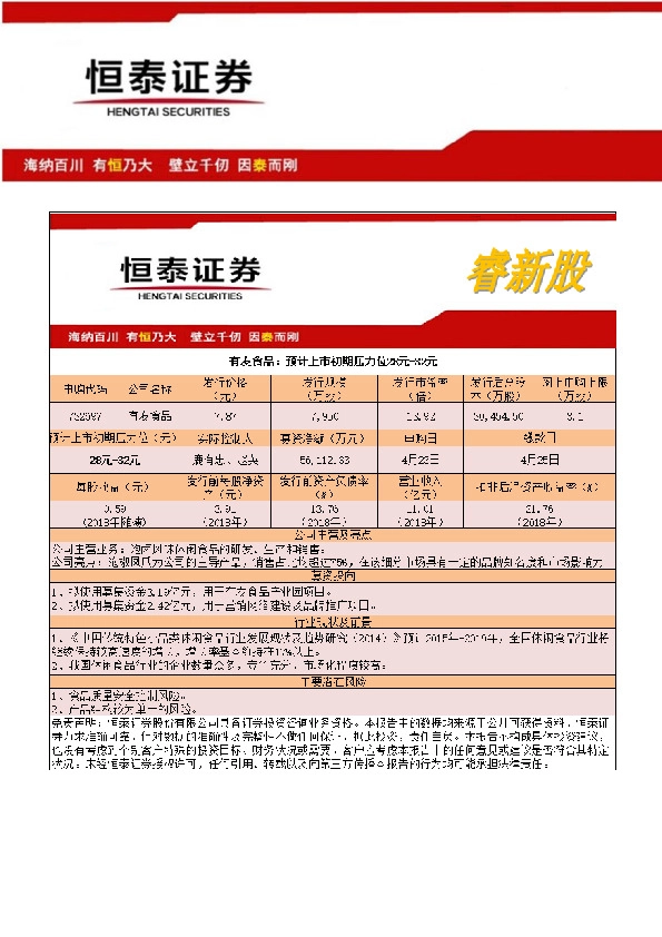 有友食品:预计上市初期压力位28元-32元
