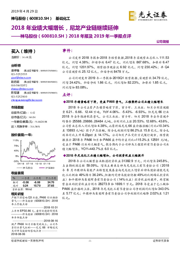 2018年报及2019年一季报点评：2018年业绩大幅增长，尼龙产业链继续延伸