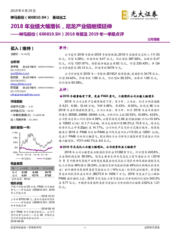 2018年报及2019年一季报点评：2018年业绩大幅增长，尼龙产业链继续延伸