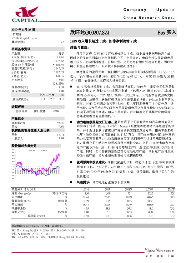 1Q19收入增长超过3成，扣非净利润增2成