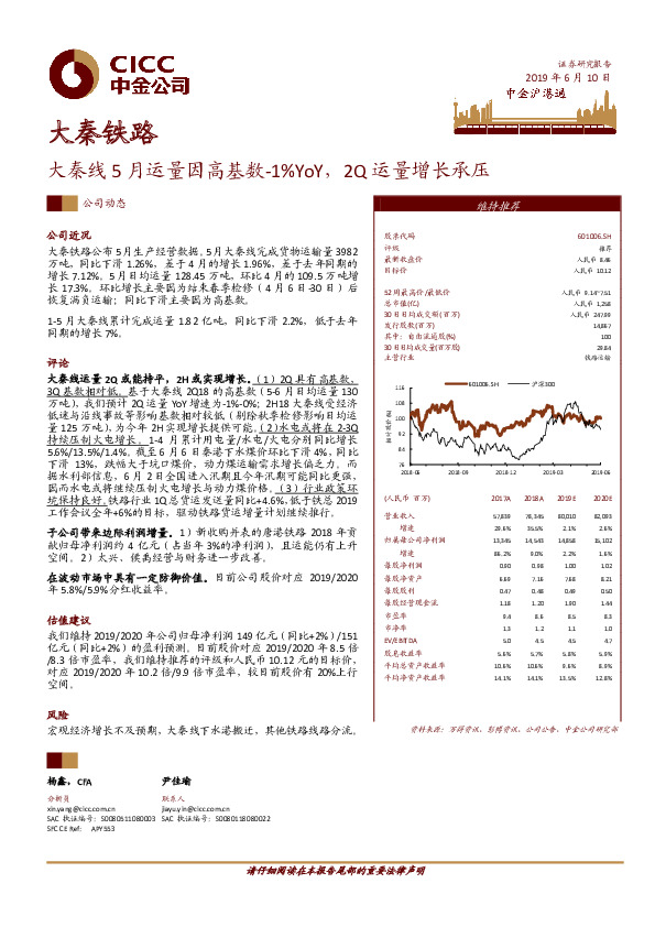 大秦线5月运量因高基数-1%YoY，2Q运量增长承压