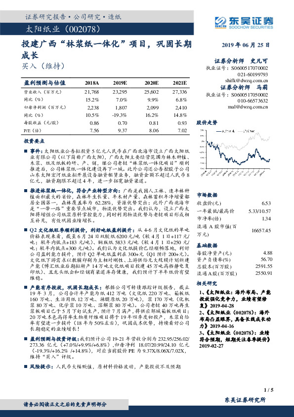 投建广西“林浆纸一体化”项目，巩固长期成长