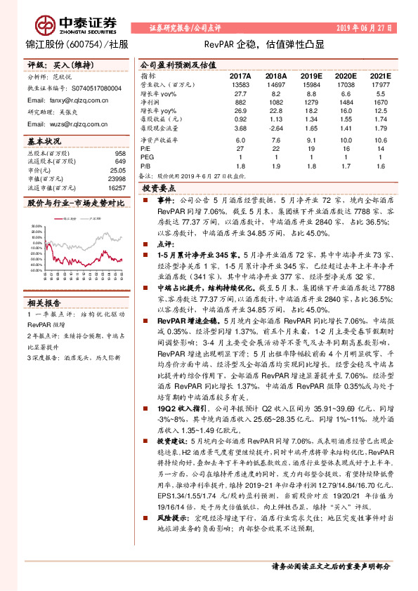 RevPAR企稳，估值弹性凸显