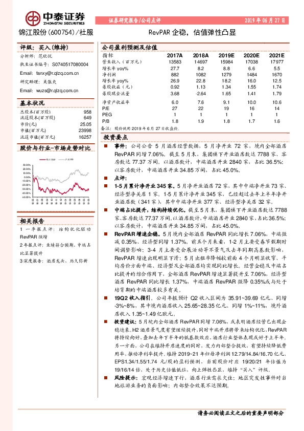 RevPAR企稳，估值弹性凸显