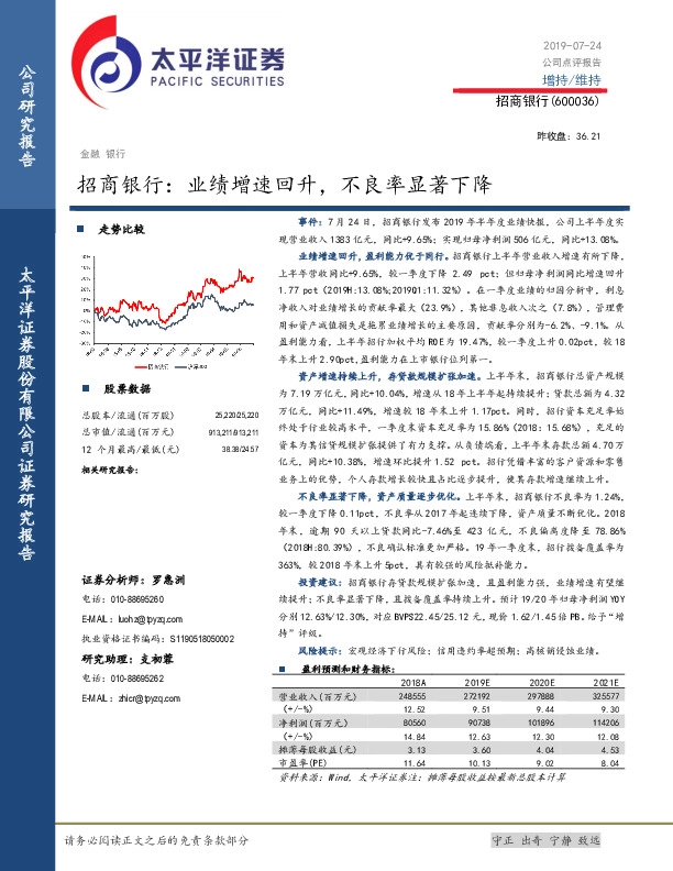 招商银行：业绩增速回升，不良率显著下降