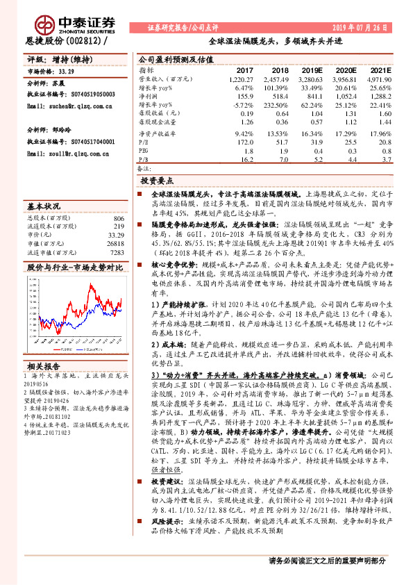 全球湿法隔膜龙头，多领域齐头并进