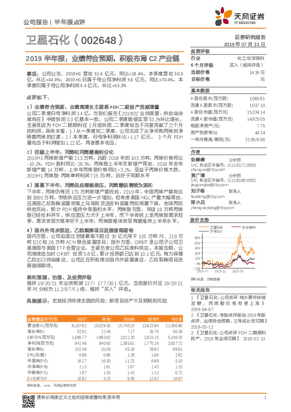 2019半年报：业绩符合预期，积极布局C2产业链