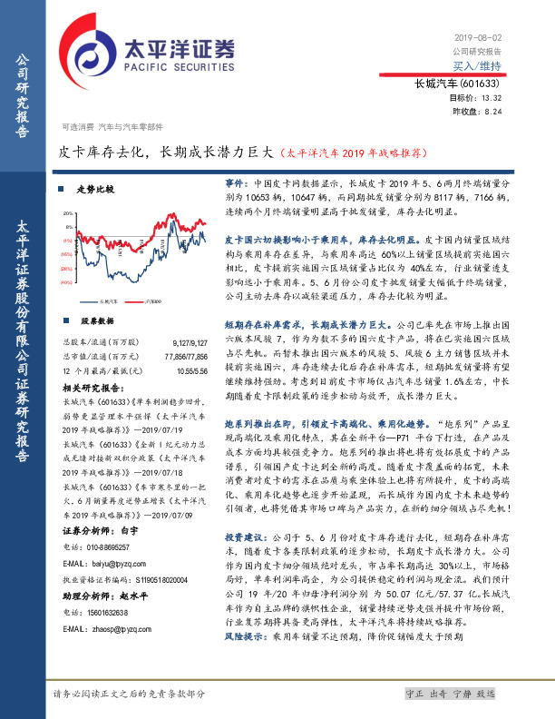 皮卡库存去化，长期成长潜力巨大（太平洋汽车2019年战略推荐）