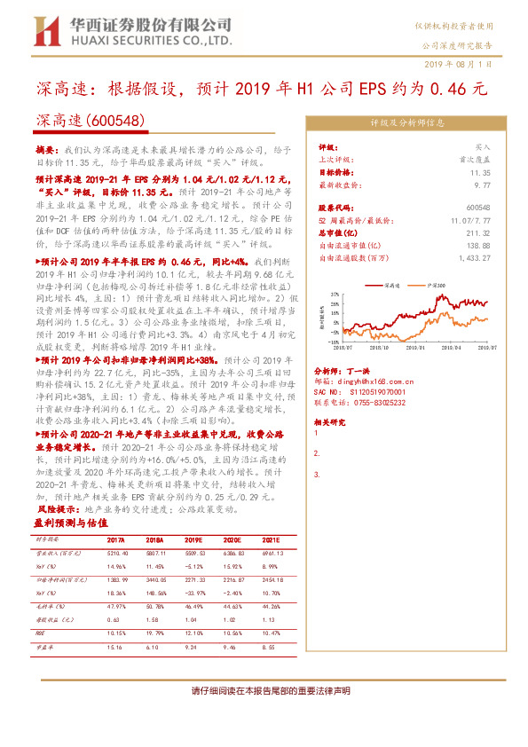 深高速：根据假设，预计2019年H1公司EPS约为0.46元