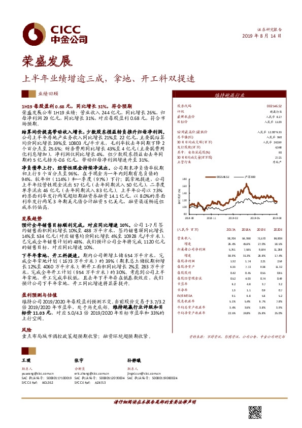上半年业绩增逾三成，拿地、开工料双提速